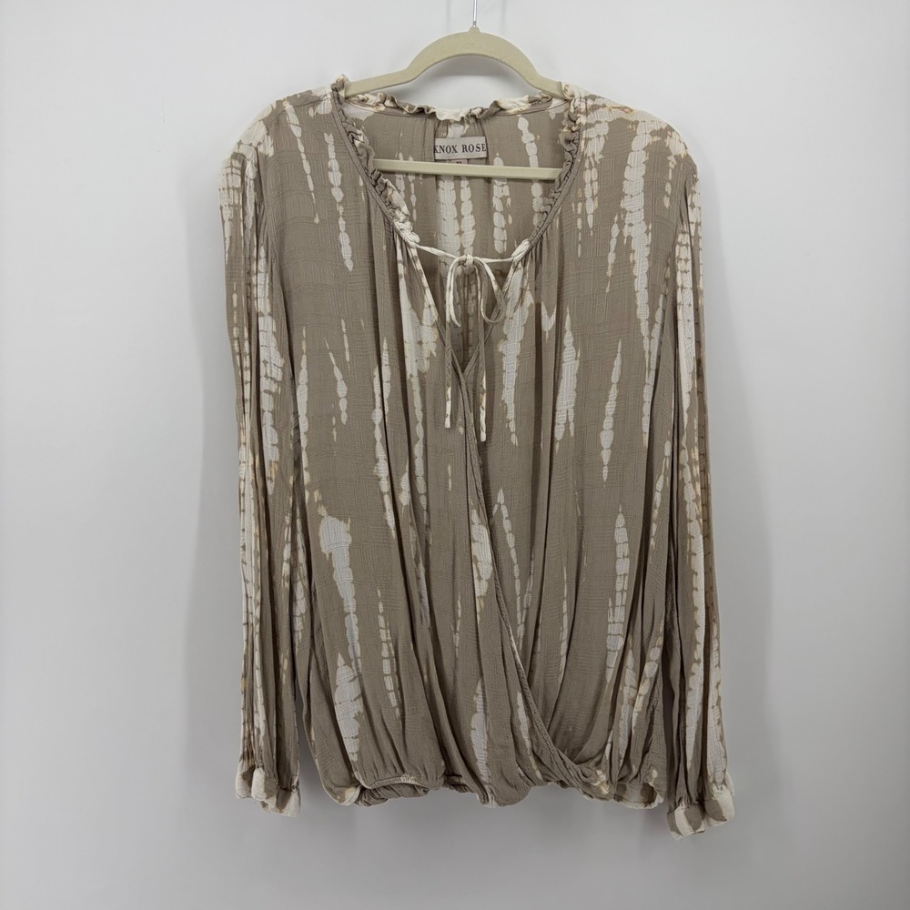 Knox Rose Womens XL Taupe Tie Dye Surplice Blouse Ruffle Tie Neck Long Sleeve